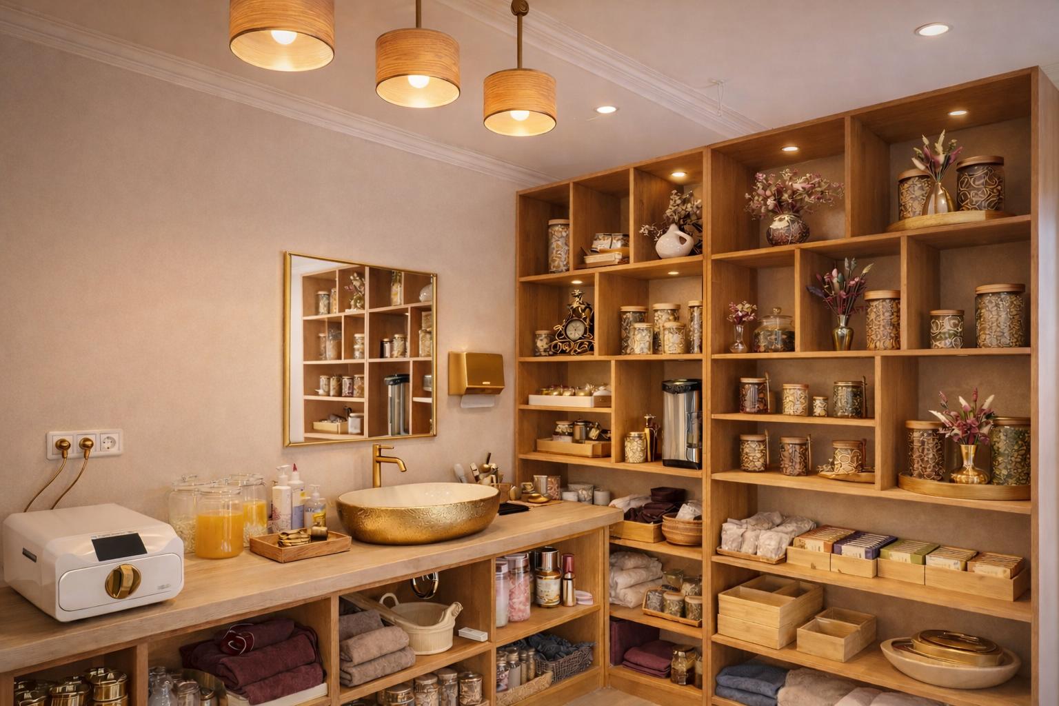 Behandlungsraum im Nagelstudio Elio's Nails & Spa Hamburg mit goldenen Akzenten und Holzregalen.